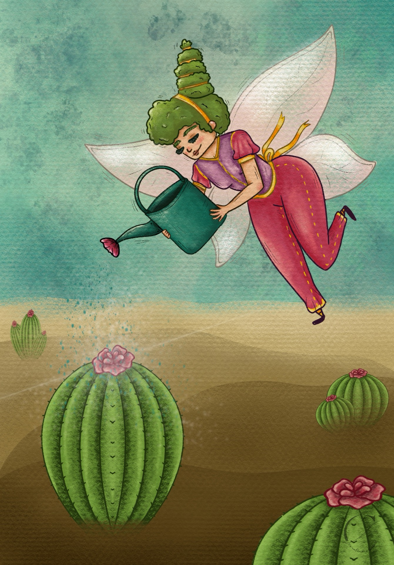 Hada regando cactus — original character illustration